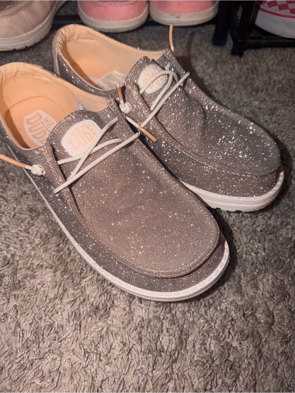 Hey Dude Womens Glitter Slip-On Sneakers in Silver